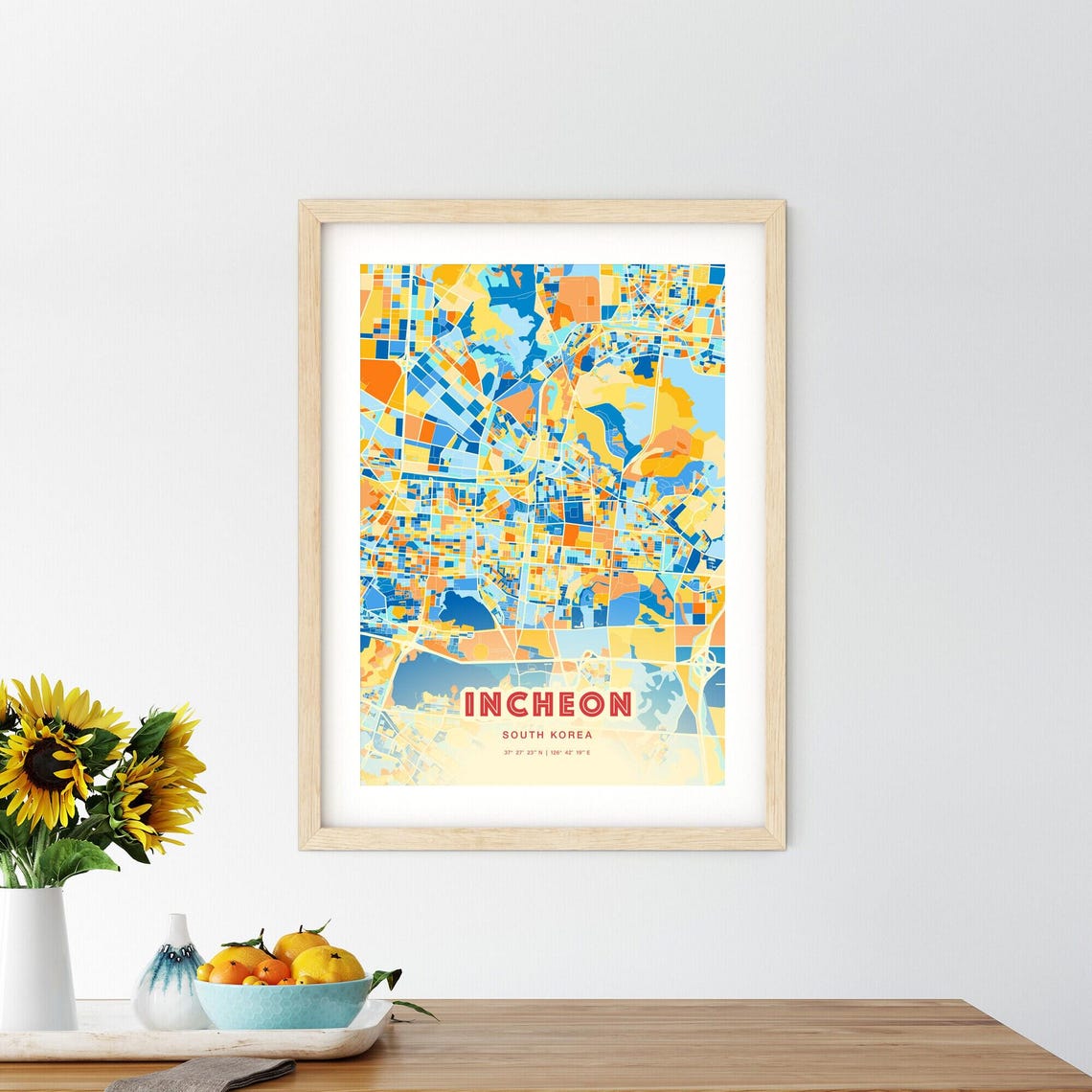 Incheon South Korea Colorful Blue Orange City Map Art Poster - Image 2