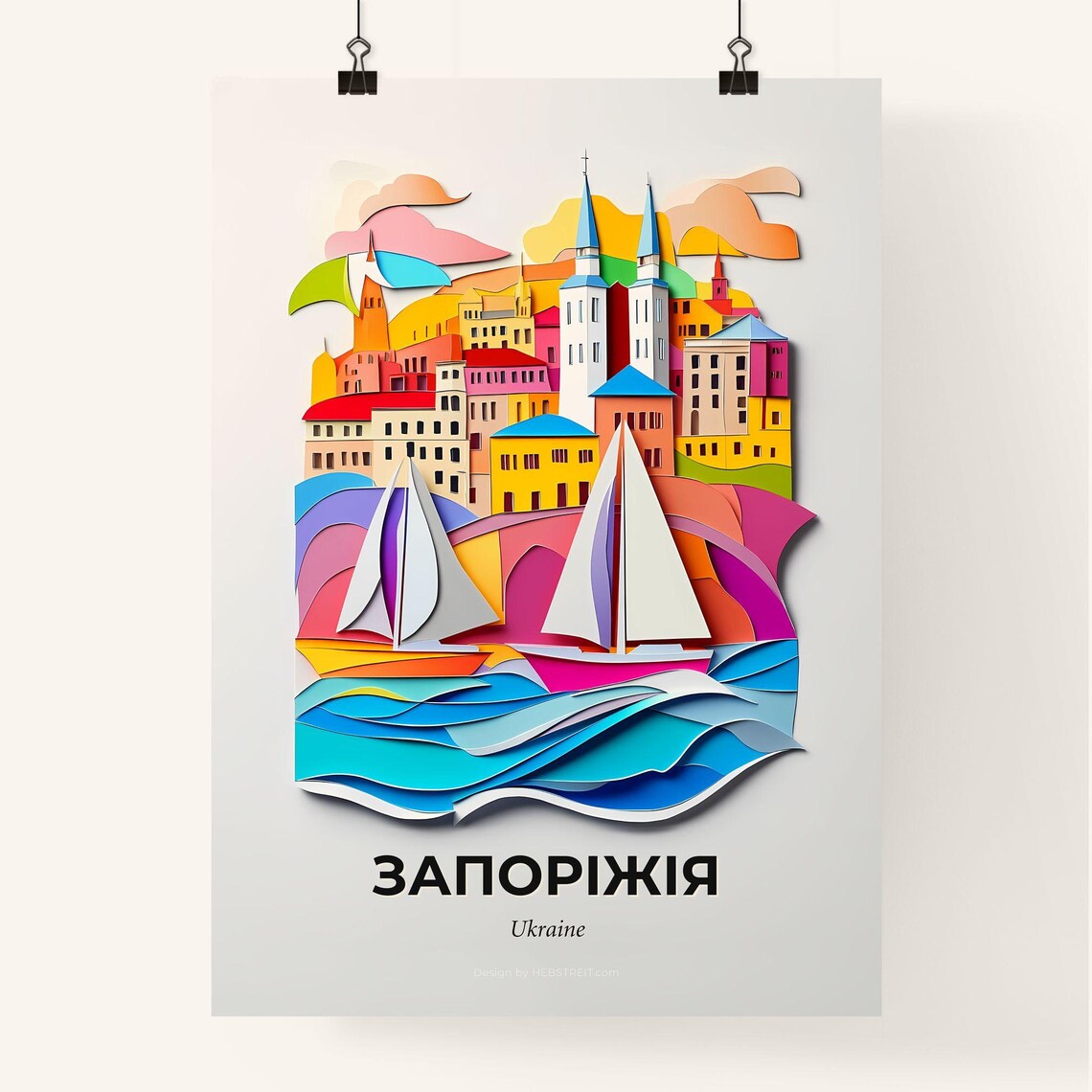 Zaporizhia Ukraine Colorful Paper Cut City Sailboats Travel Poster - Image 4