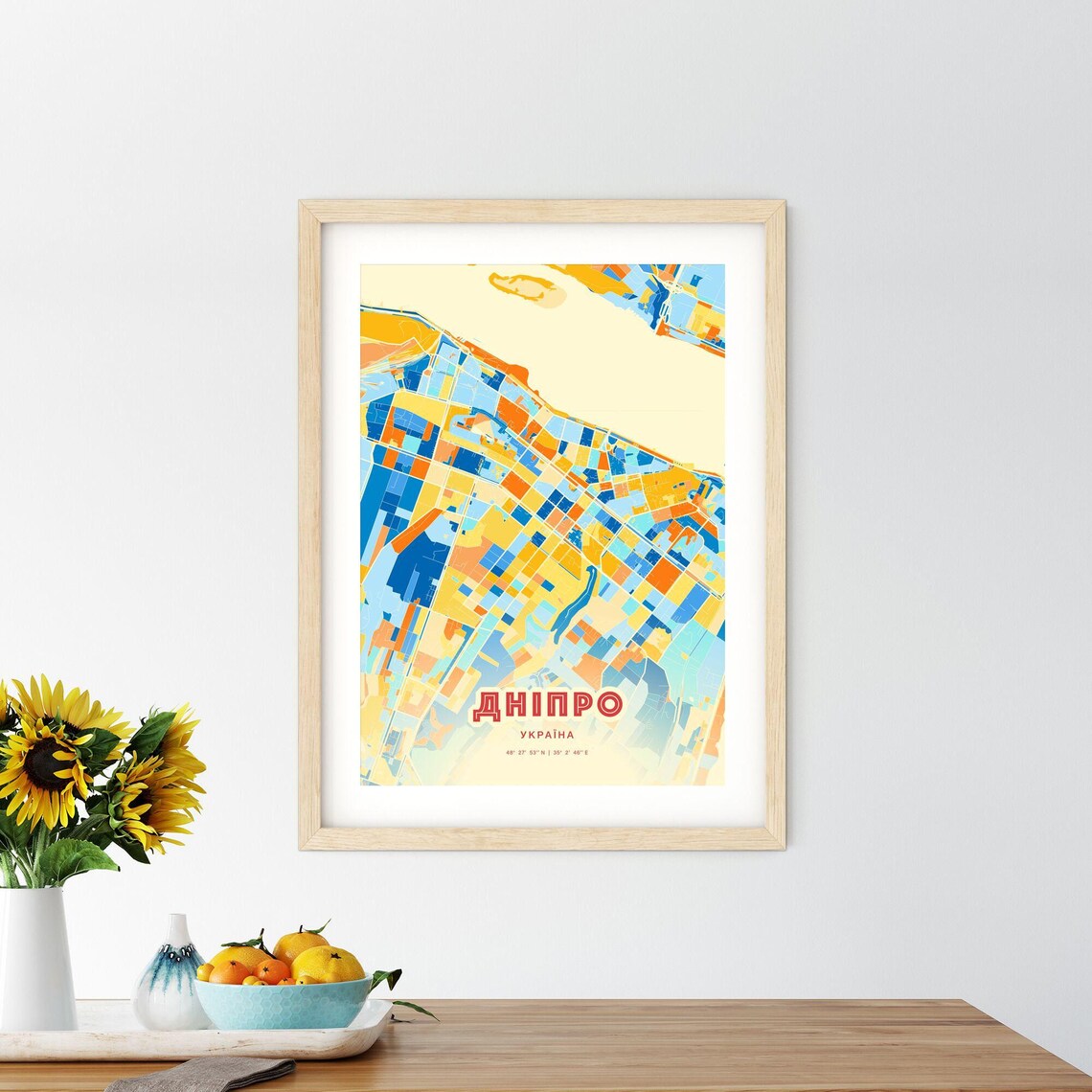 Dnipro Ukraine Blue Orange Colorful City Map Art Poster With Coordinates - Image 2