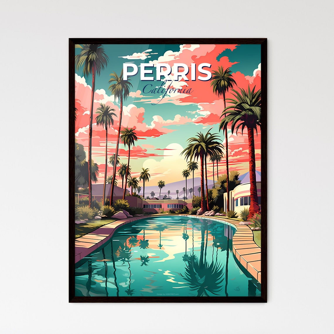 Perris California Palm Trees Resort Pool Sunset Travel Poster