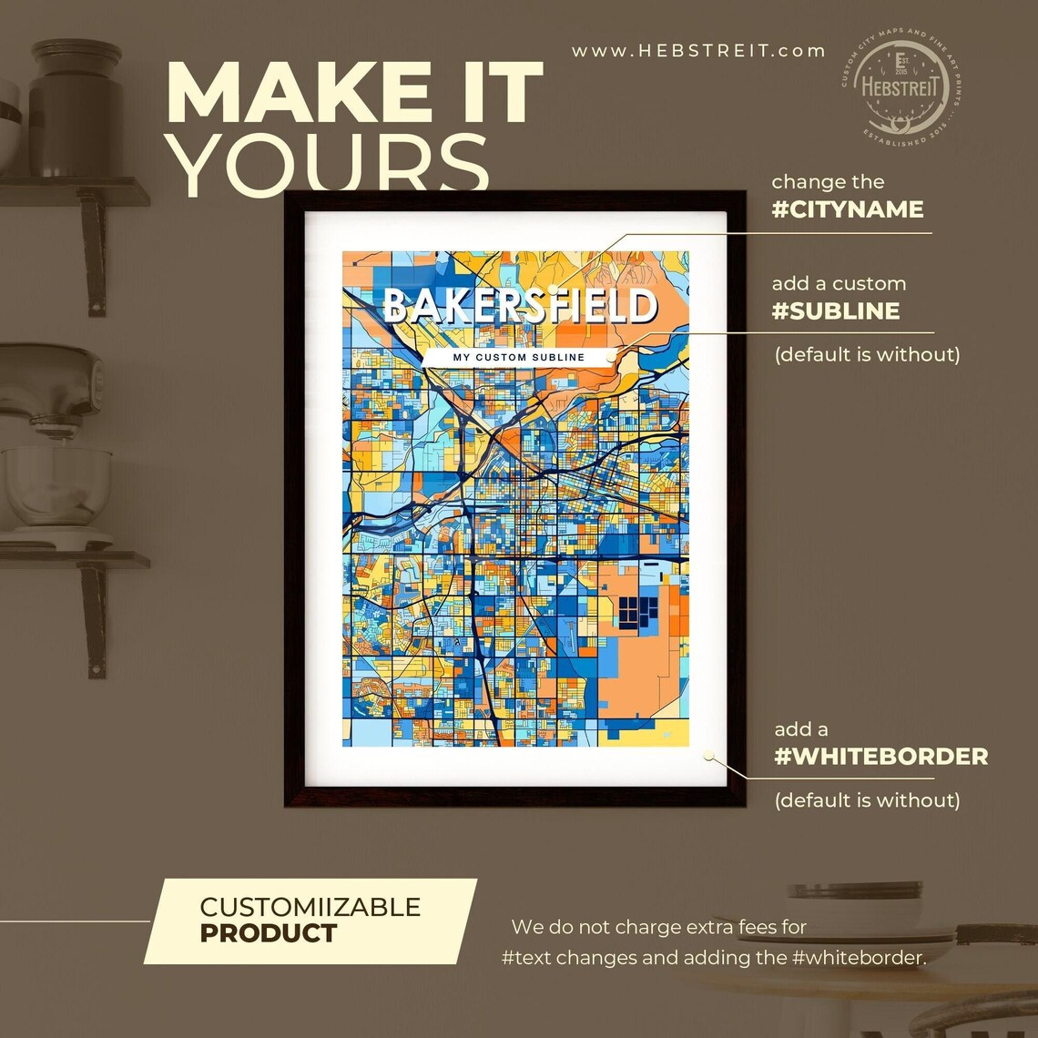 Bakersfield California Vibrant Colorful Illustrated Street Map Art Poster - Image 2
