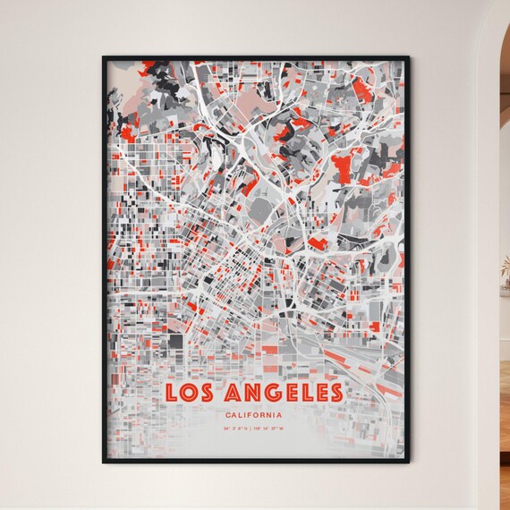Los Angeles California Red and Grey Expressive City Map Art Poster