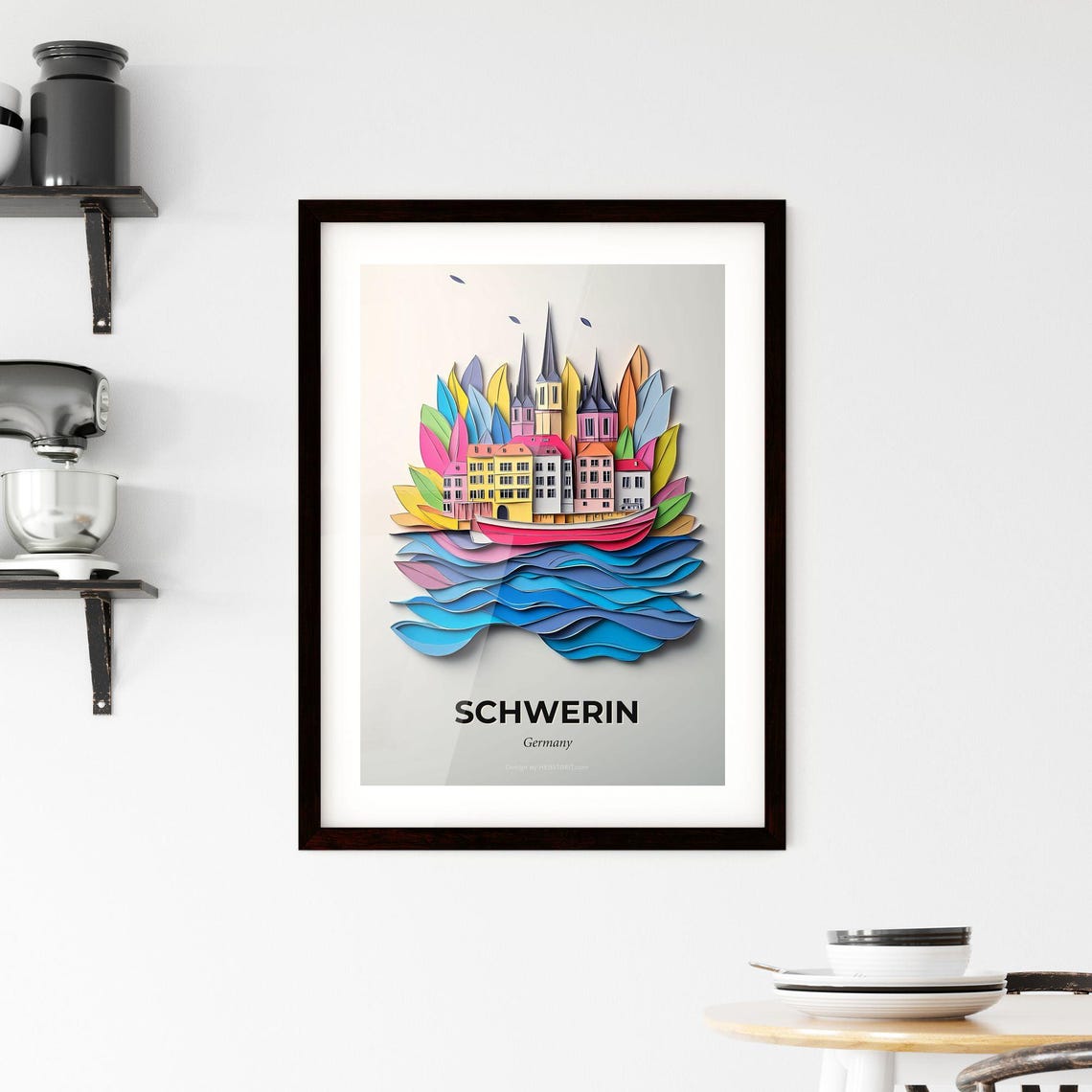 Schwerin Germany Cathedral Ship Waves Paper Cut City Art Poster - Image 2