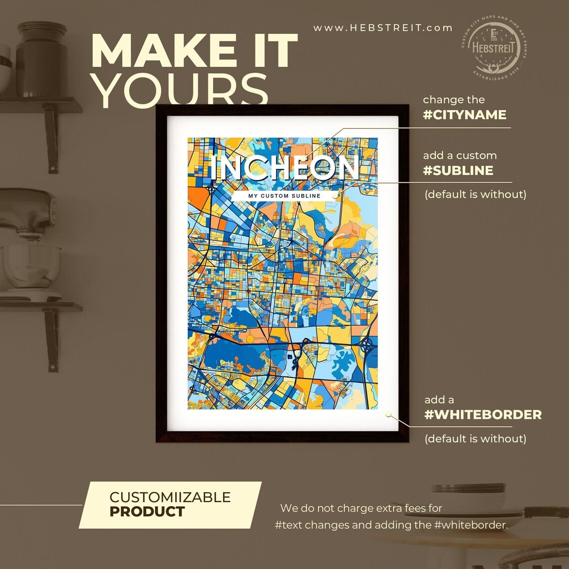 Incheon South Korea Bold City Map Art Poster in Navy Orange and Yellow - Image 2