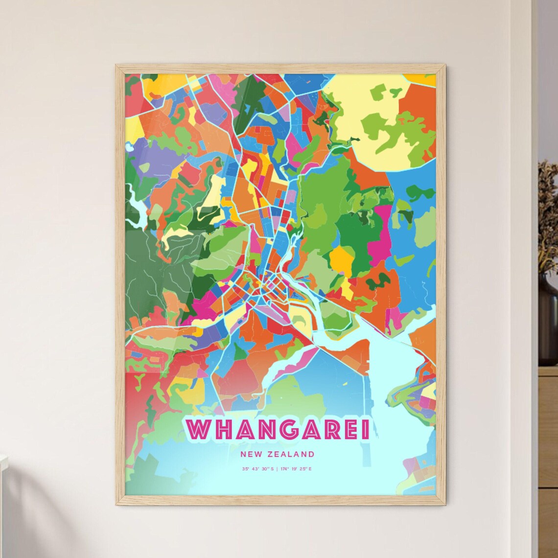 Whangarei New Zealand Rainbow City Map Poster Vibrant Colorful Street Grid Art