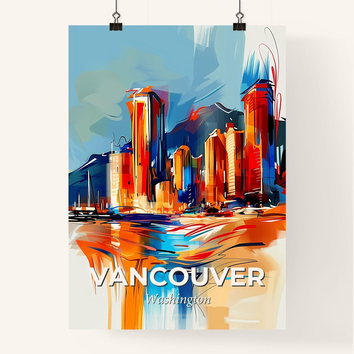 Vancouver Washington Vibrant Watercolor Skyline City Travel Poster - Image 4