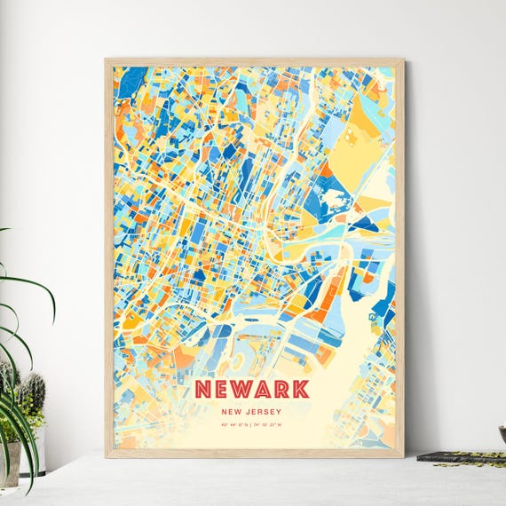 Colorful Newark New Jersey Blue Orange Fine Art Print Newark Usa City Map Customizable Poster Print Unique Wall Decor Personalized Gift
