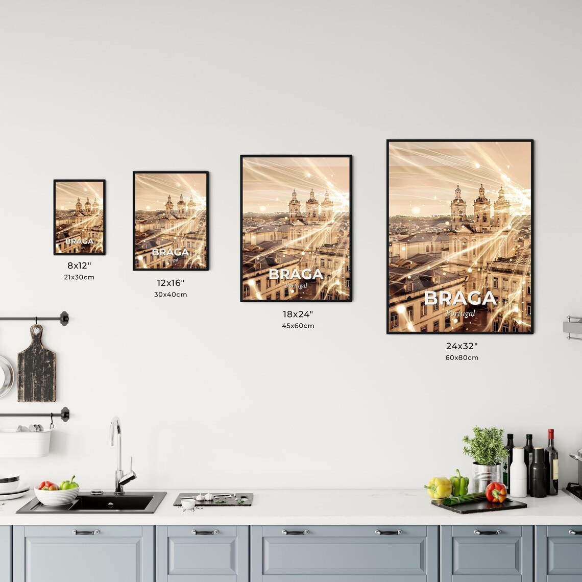 Braga Portugal Golden Cathedral Triple Towers Light Art Poster - Image 3