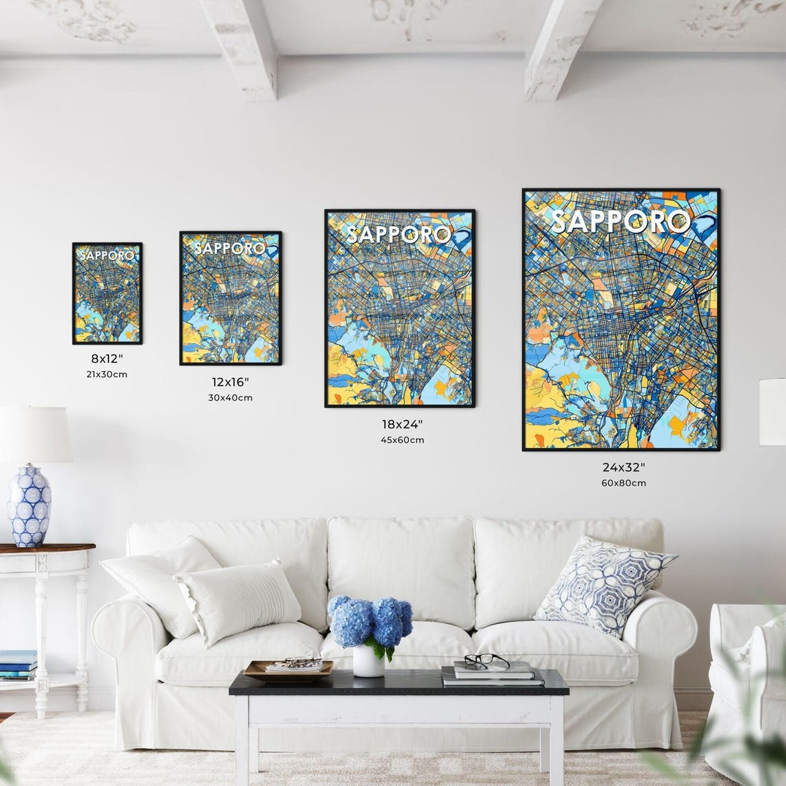 Sapporo Japan Stylish Vibrant Blue and Orange Mosaic City Map Poster - Image 3