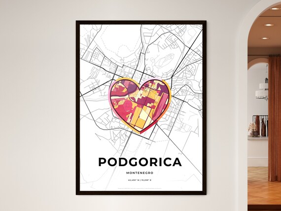 Podgorica Montenegro Minimalist Line Art Heart Shaped City Map Poster