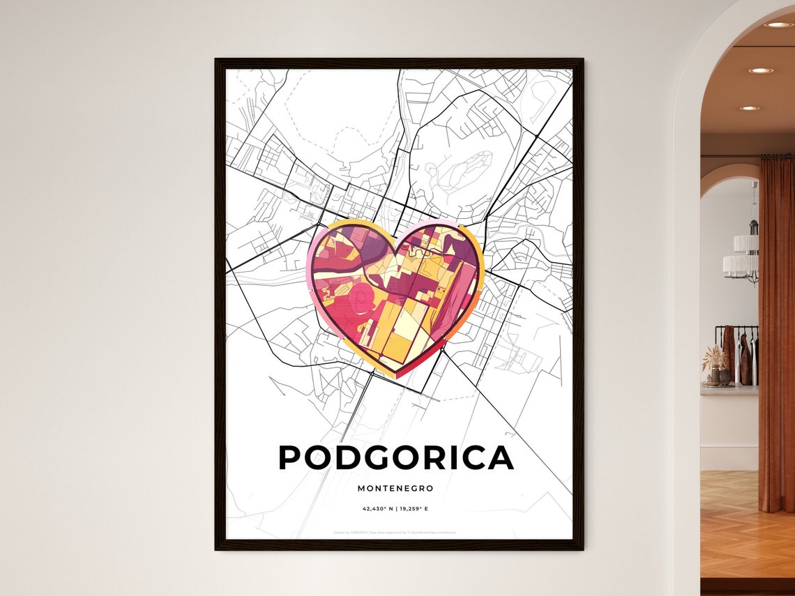 Podgorica Montenegro Minimalist Line Art Heart Shaped City Map Poster
