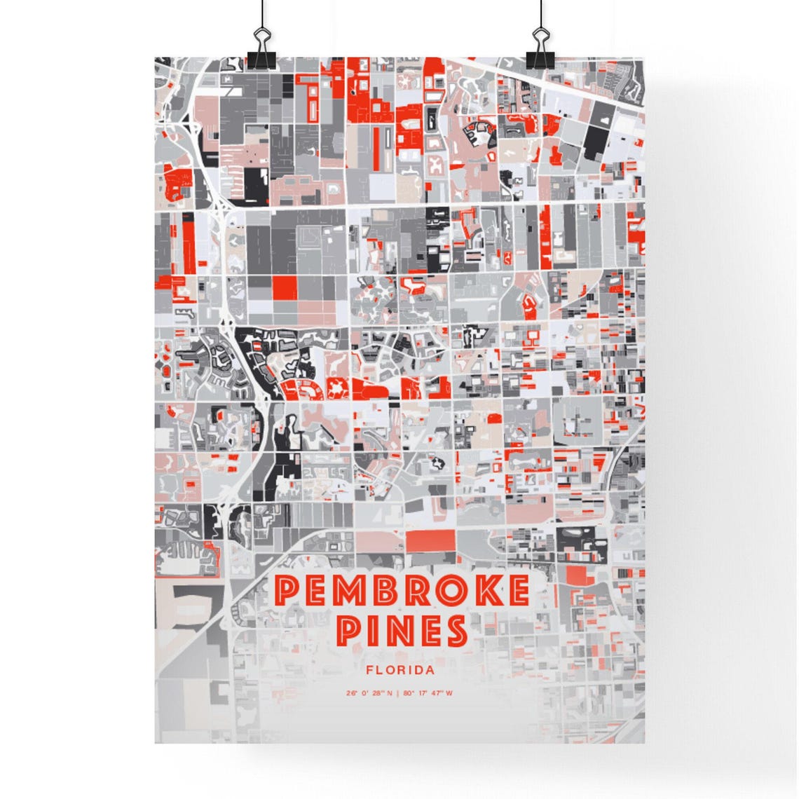 Pembroke Pines Florida Modern Red Expressive City Map Poster - Image 3