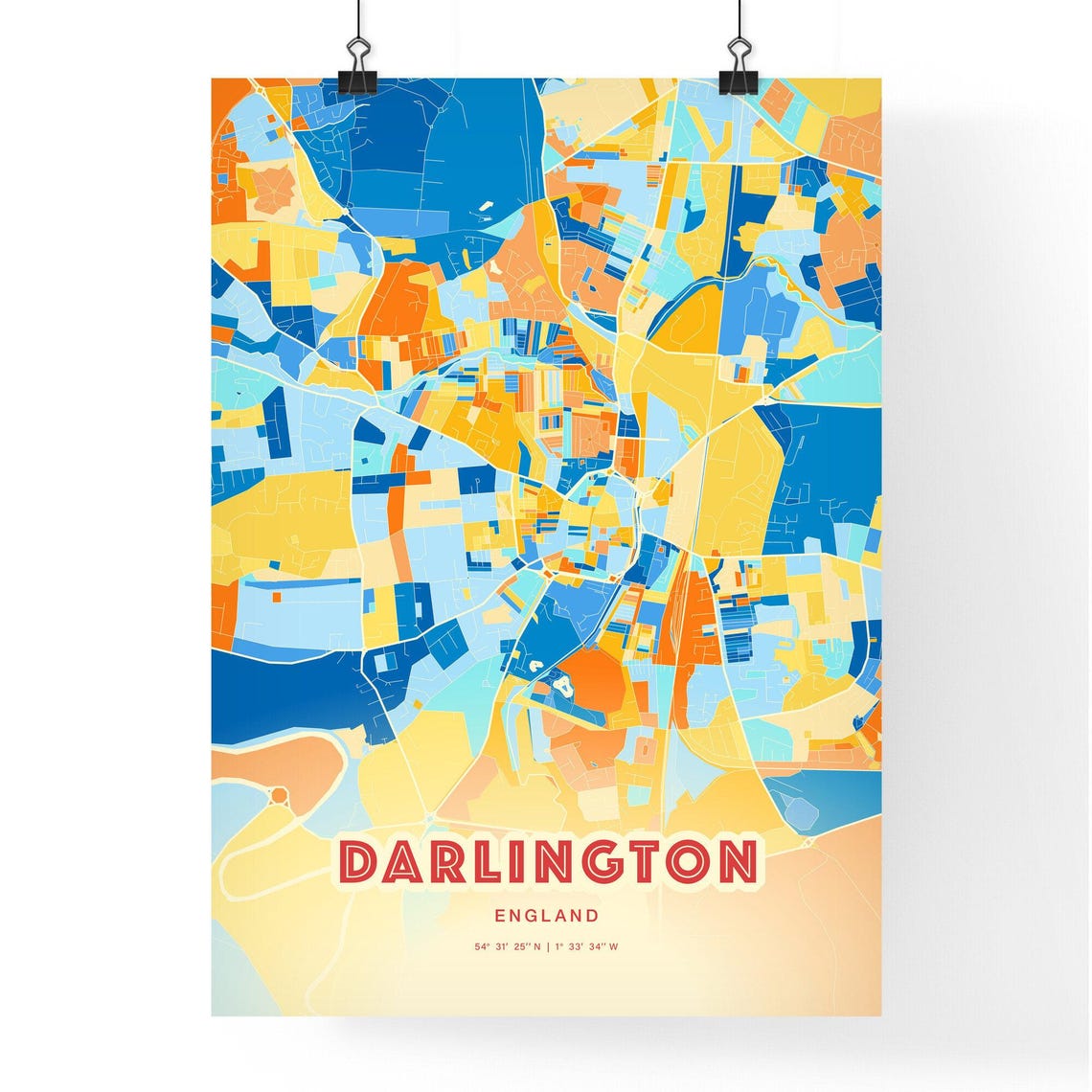 Darlington England Blue Orange Historic Market Town Map Art Poster - Image 3