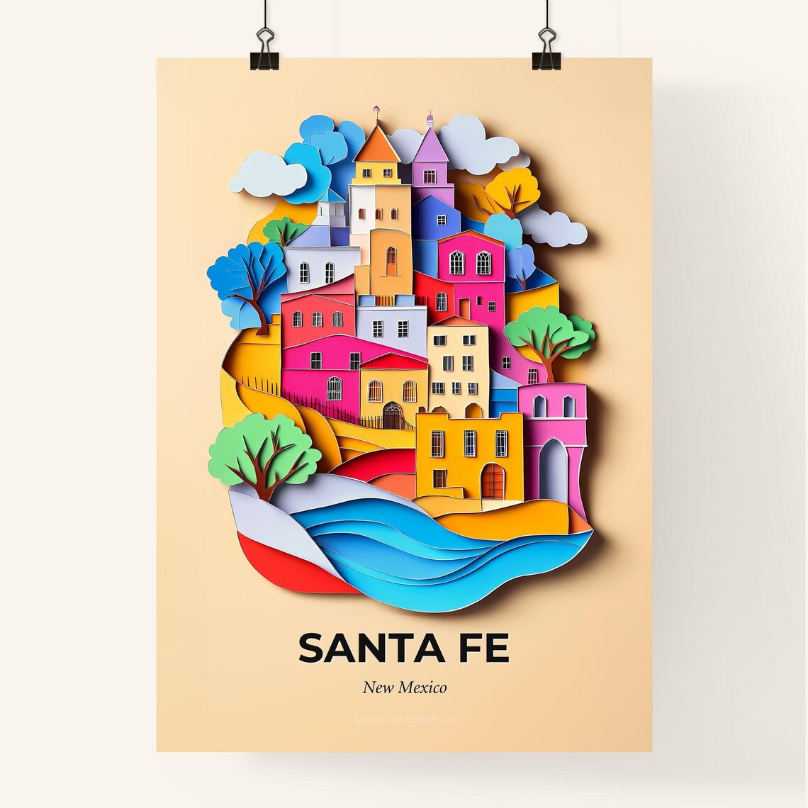 Santa Fe New Mexico Adobe Old Town Paper Cut Travel Art Poster - Image 4