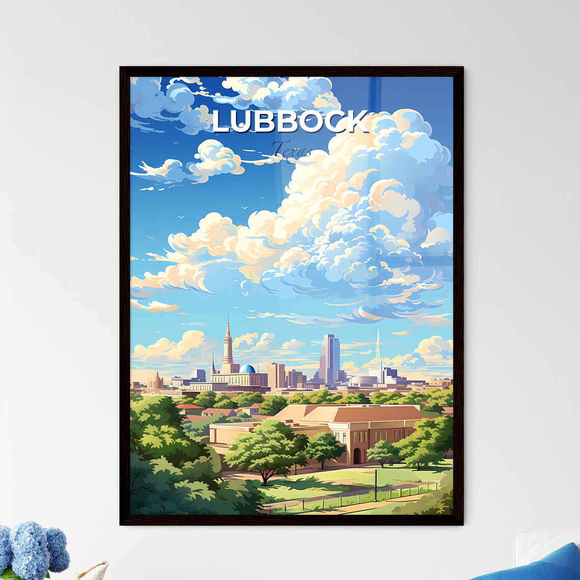 Lubbock Texas Skyline Blue Sky Clouds Green Trees Cityscape Travel Poster