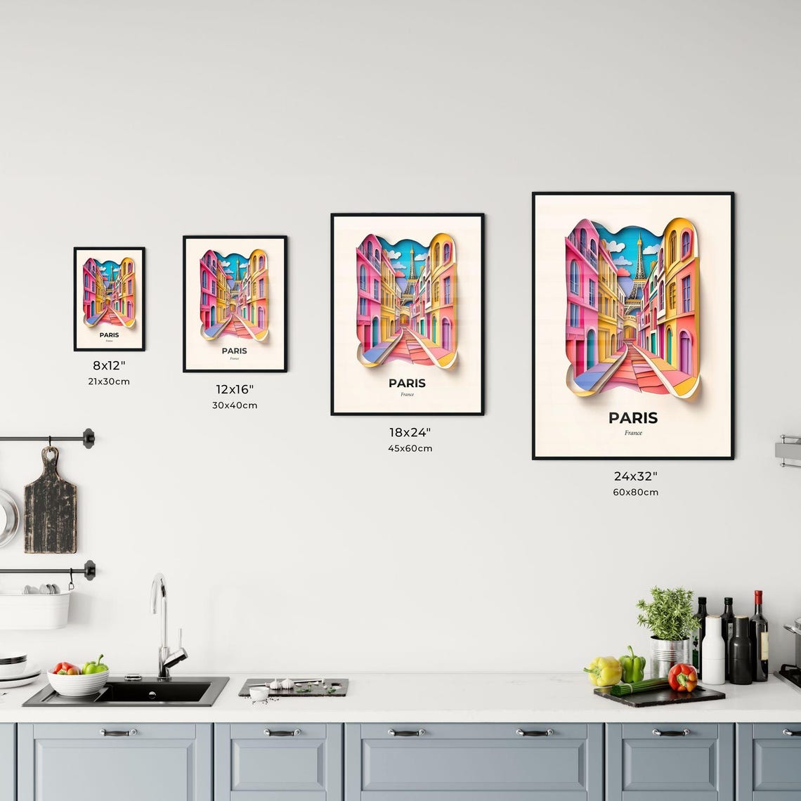 Paris France Eiffel Tower Colorful Paper Cut City Art Poster - Image 3