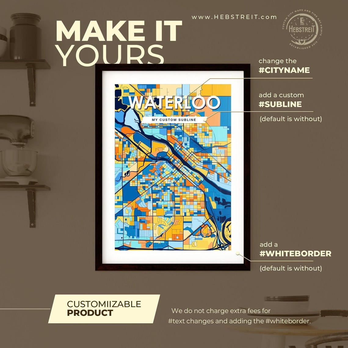 Waterloo Iowa Bold Colorful Vibrant City Street Map Art Poster - Image 2