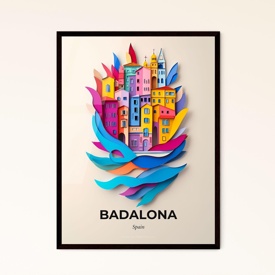 Badalona Spain Coastal City Church Spires Paper Cut Art Poster
