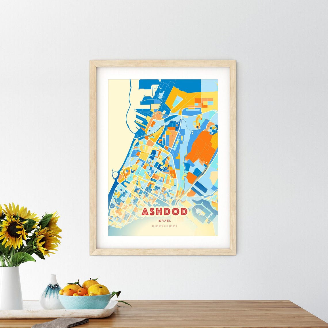 Ashdod Israel Bold Blue Orange Abstract City Map Fine Art Poster - Image 2