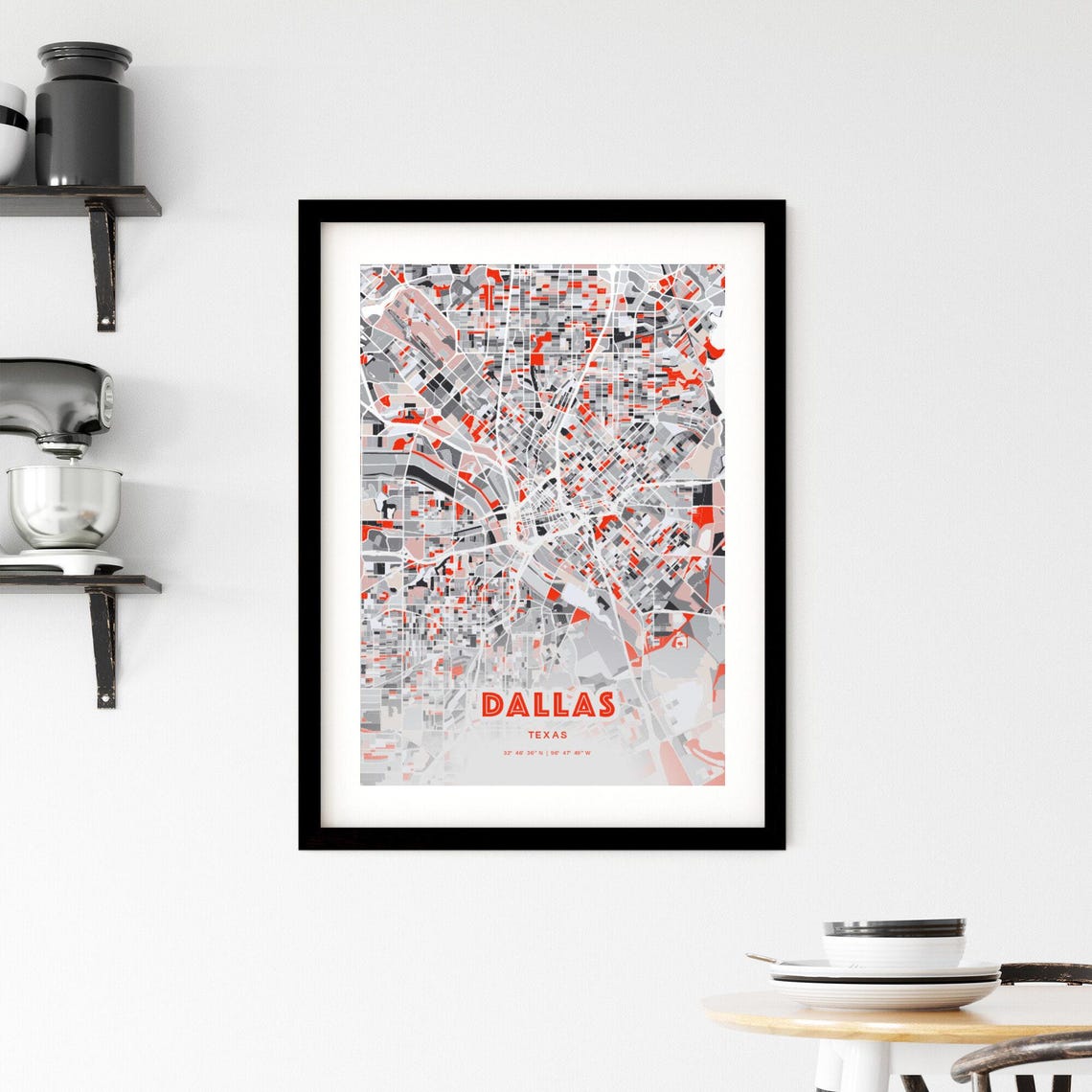 Dallas Texas Modern Red Gray Expressive City Map Poster Customizable - Image 2