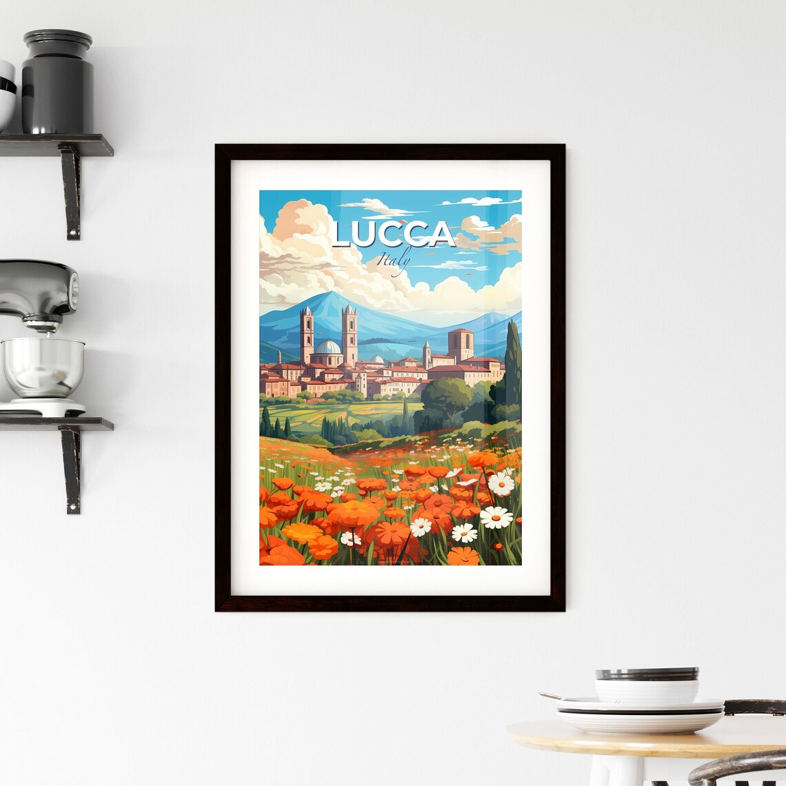 Lucca Italy Tuscan Towers Poppy Field Mountain View Art Poster - Image 2