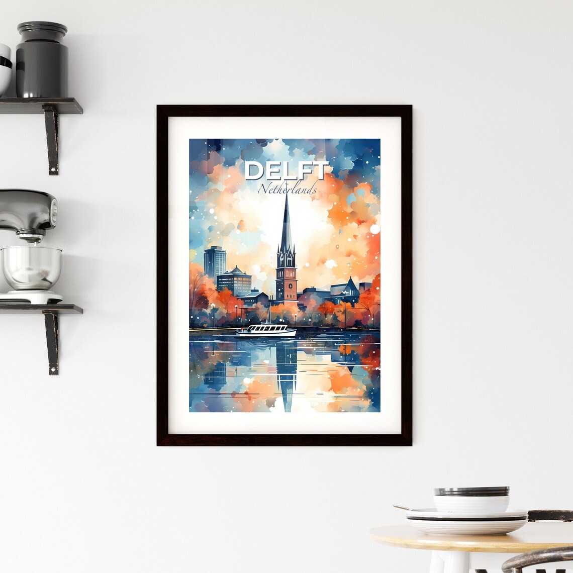 Delft Netherlands Canal Church Travel Poster Watercolor Sunset Art - Image 2