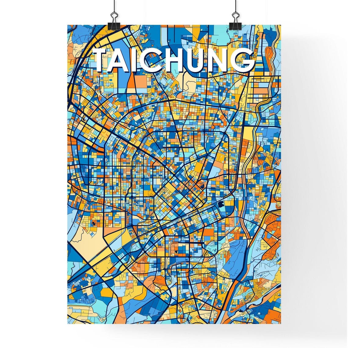 Taichung Taiwan Stylish Vibrant Blue and Orange Mosaic City Map Poster - Image 4