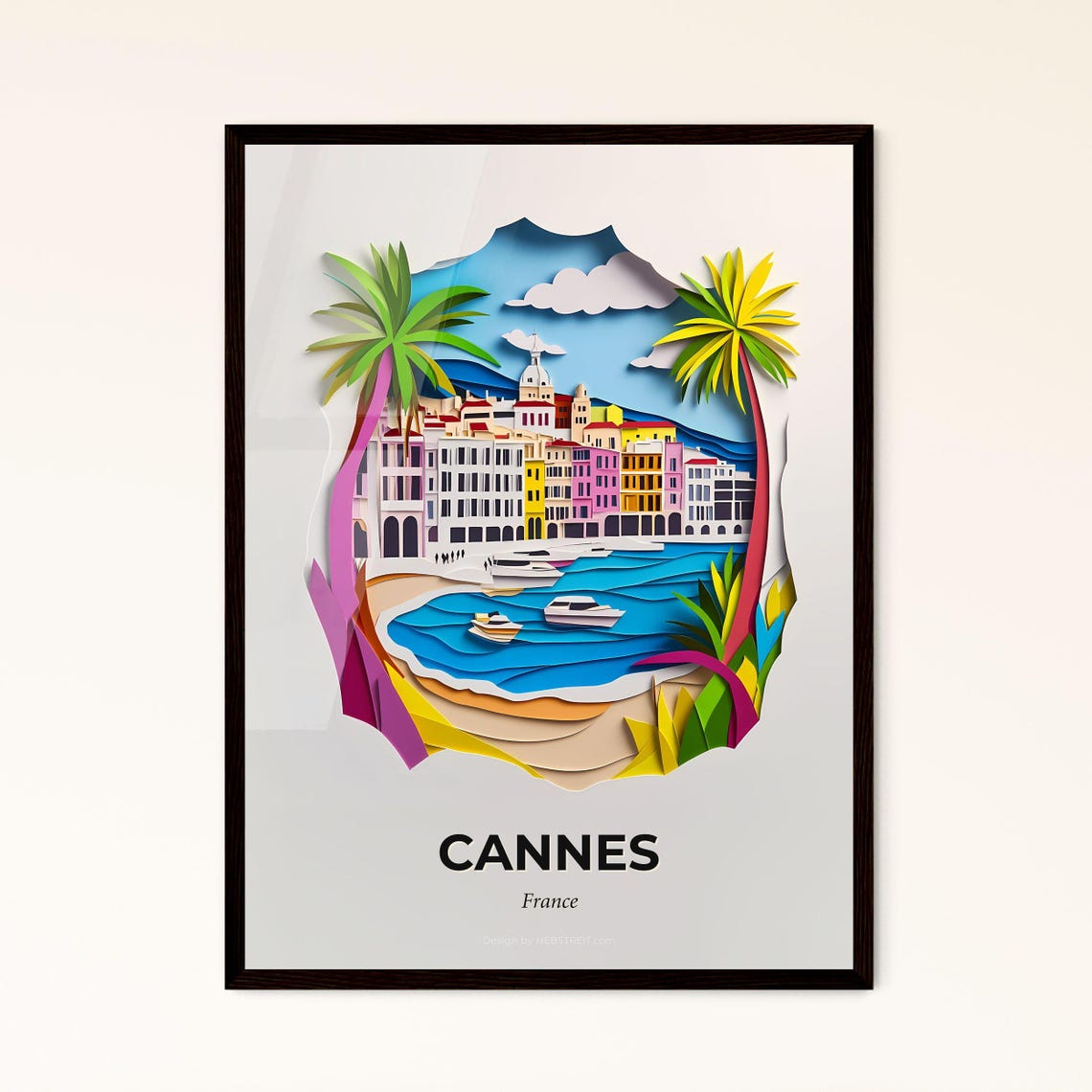 Cannes France Colorful Paper Cut Boats and Palm Trees Poster