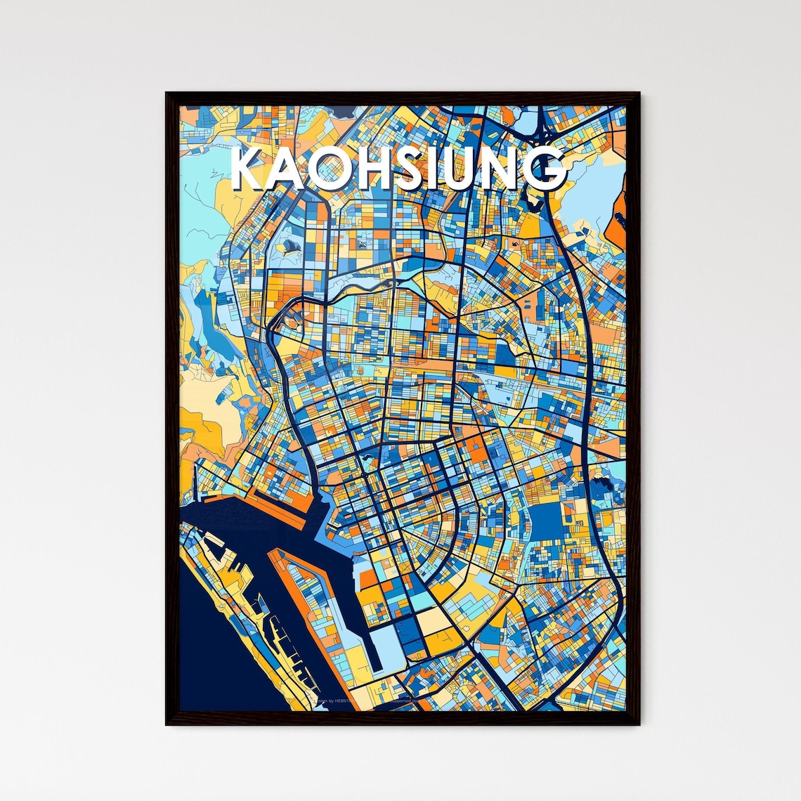 Kaohsiung Taiwan Bold Vibrant Blue Orange Mosaic City Map Poster
