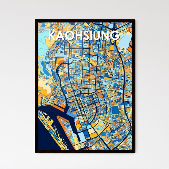 Kaohsiung Taiwan Bold Vibrant Blue Orange Mosaic City Map Poster