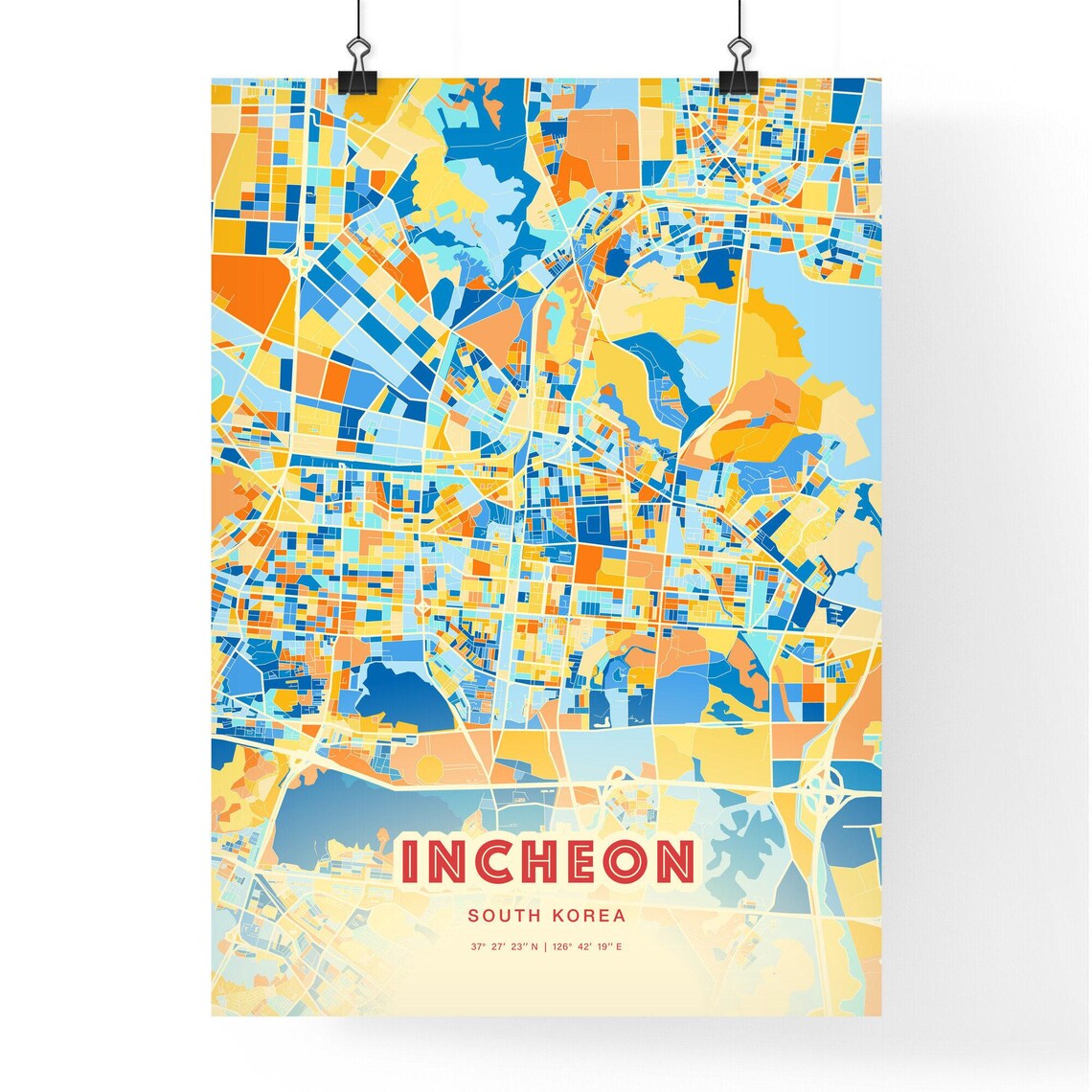 Incheon South Korea Colorful Blue Orange City Map Art Poster - Image 3