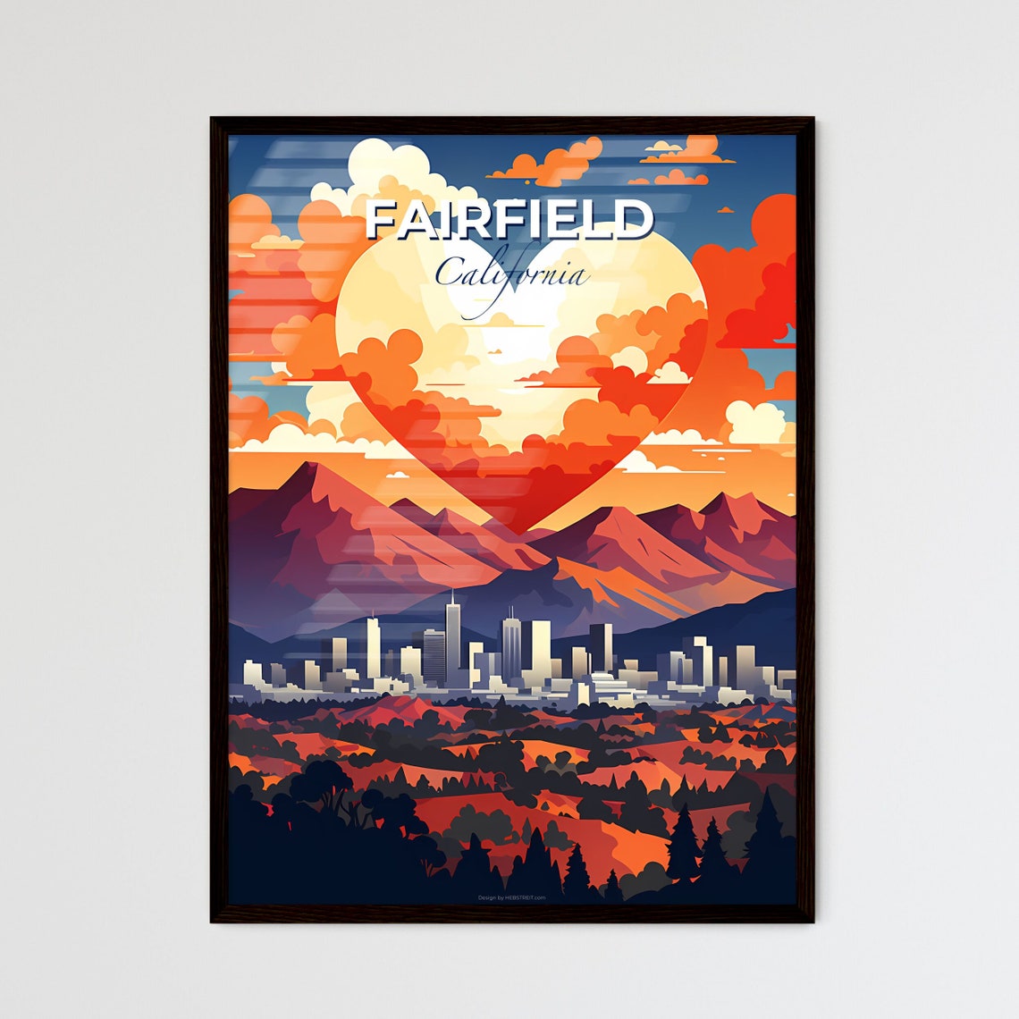 Fairfield California Heart Cloud Sunset Mountains Skyline Poster