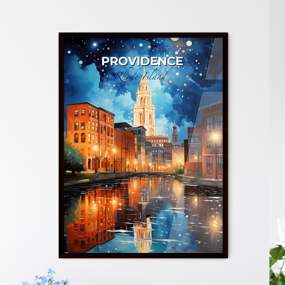 Providence Rhode Island Night River Lights City Travel Poster