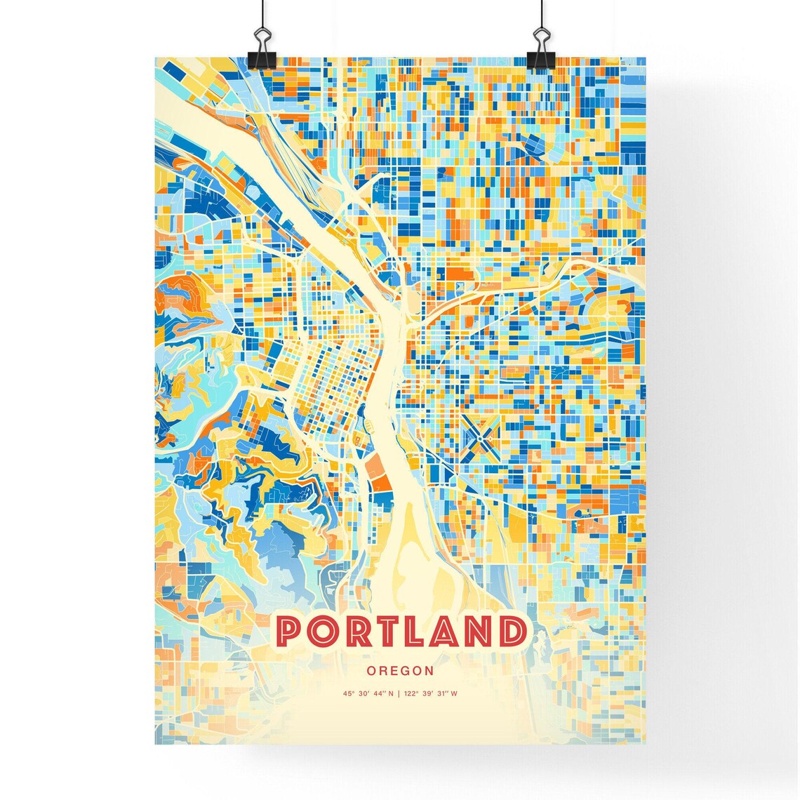 Portland Oregon Blue Orange Colorful City Map Art Poster With Coordinates - Image 3