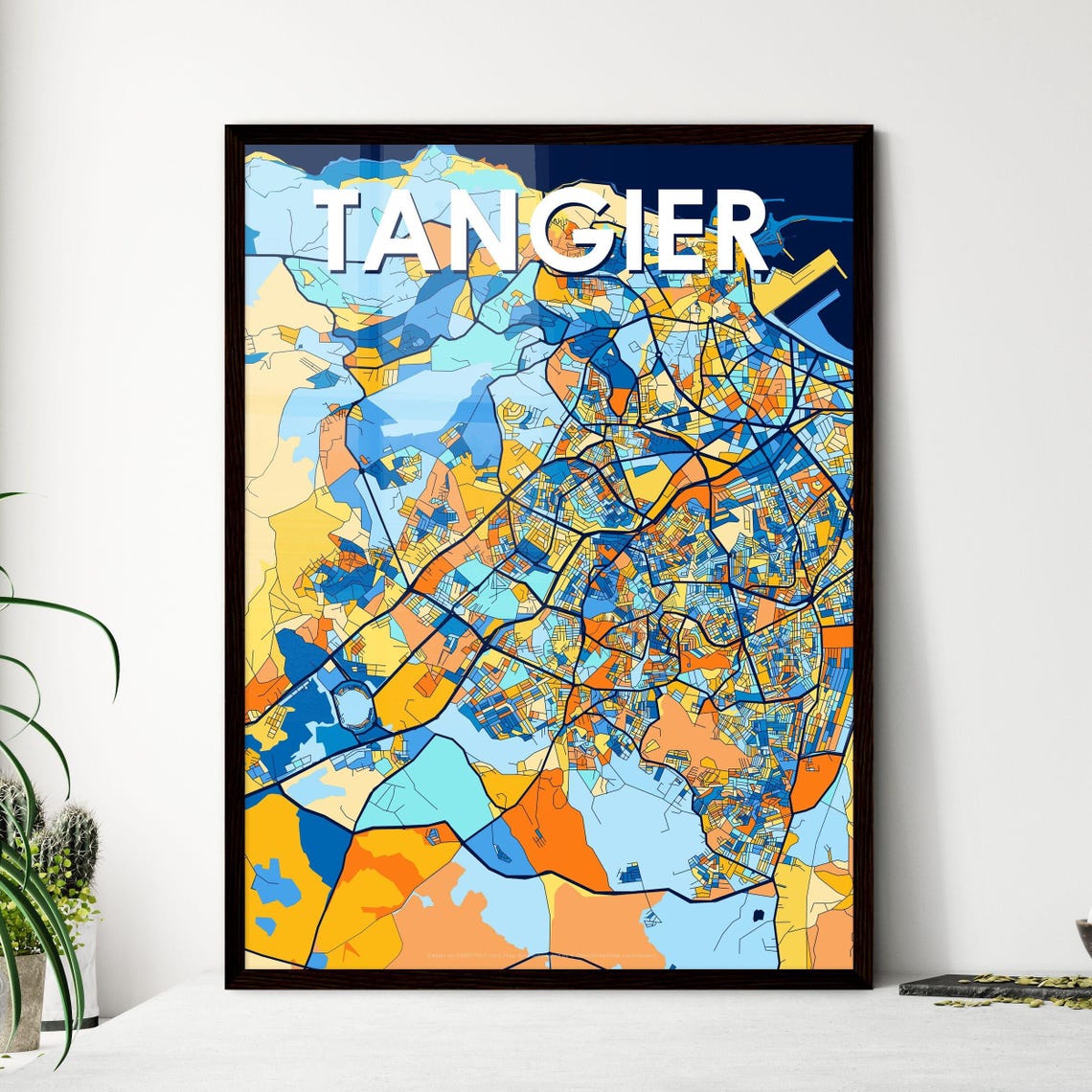 Tangier Morocco Bold Vibrant Blue Orange City Map Wall Decor Poster