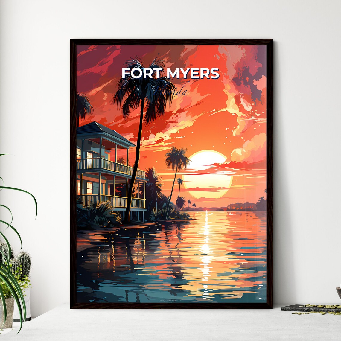 Fort Myers Florida Beach House Palm Trees Sunset Ocean Poster