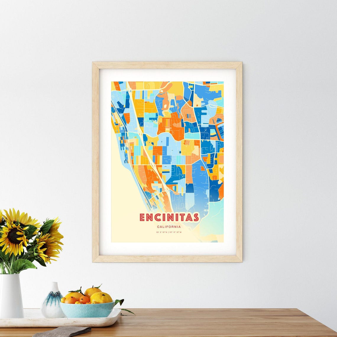 Encinitas California Blue Orange City Map Art Home Decor Poster - Image 2