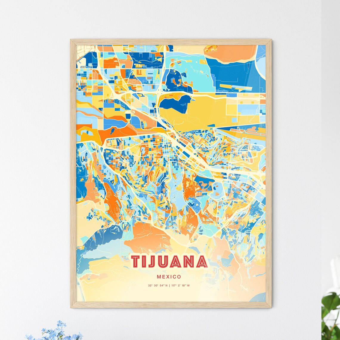 Tijuana Mexico Retro City Map Art Poster Blue Orange Street Style