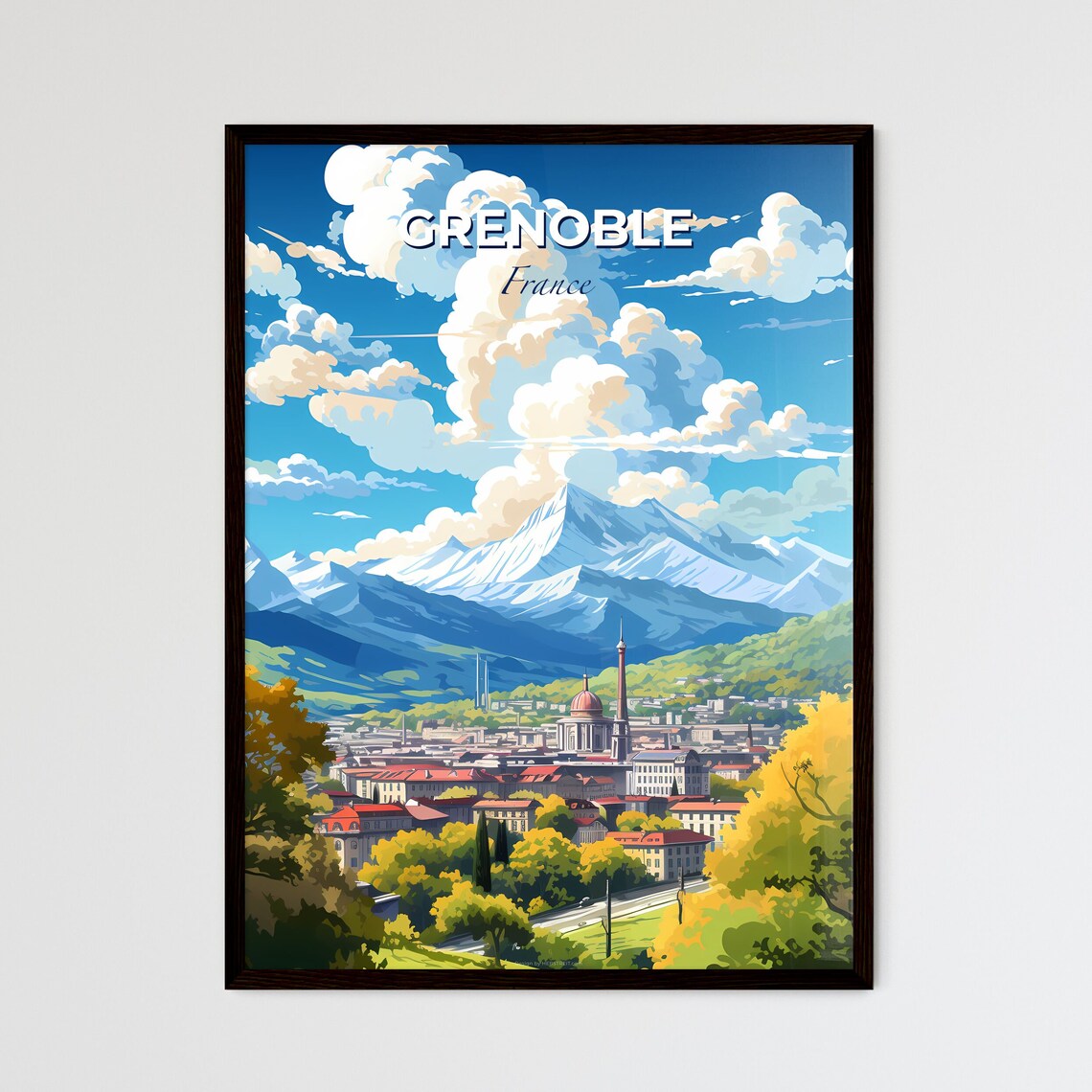 Grenoble France Travel Poster Snowy Alps Mountain City Skyline Art