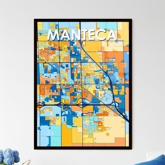 Manteca California Vibrant Blue Orange Mosaic City Street Map Poster