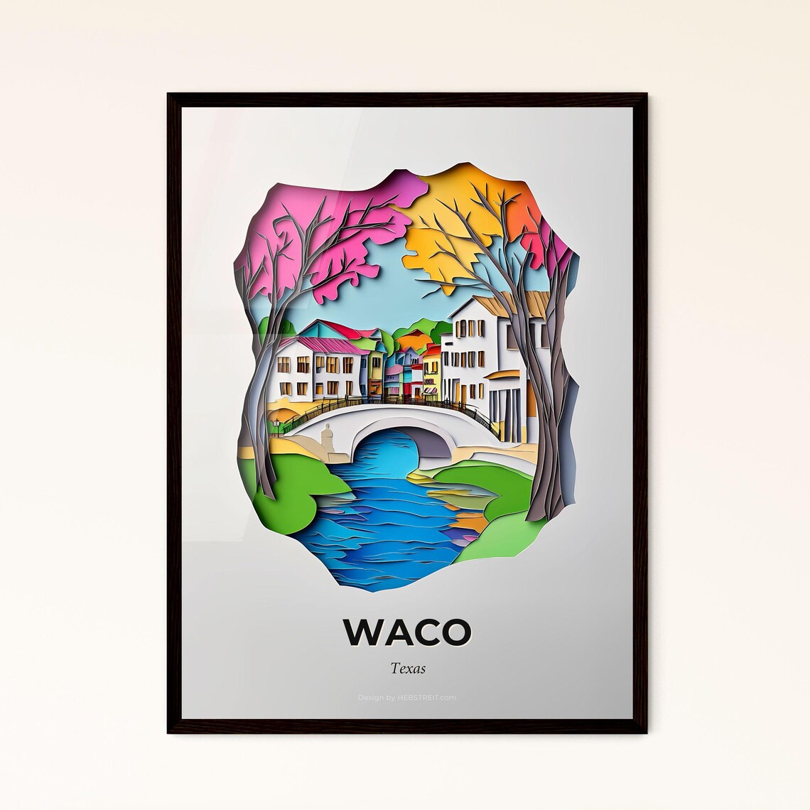 Waco Texas Riverside Bridge Old Town Vivid Paper Cut Art Poster