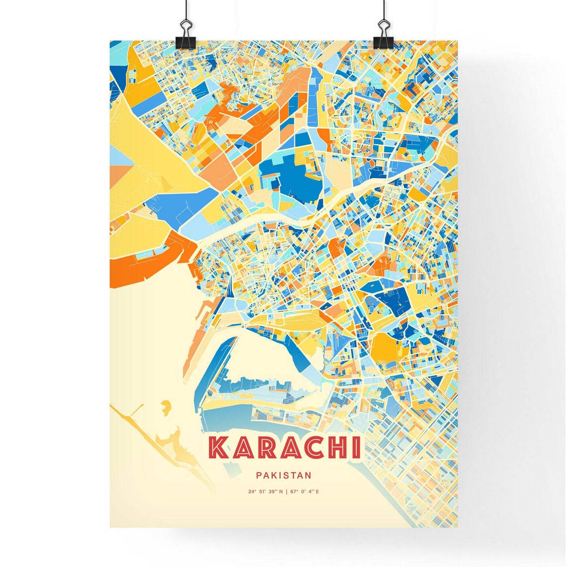 Karachi Pakistan Blue Orange Vibrant Harbor City Map Art Poster - Image 3