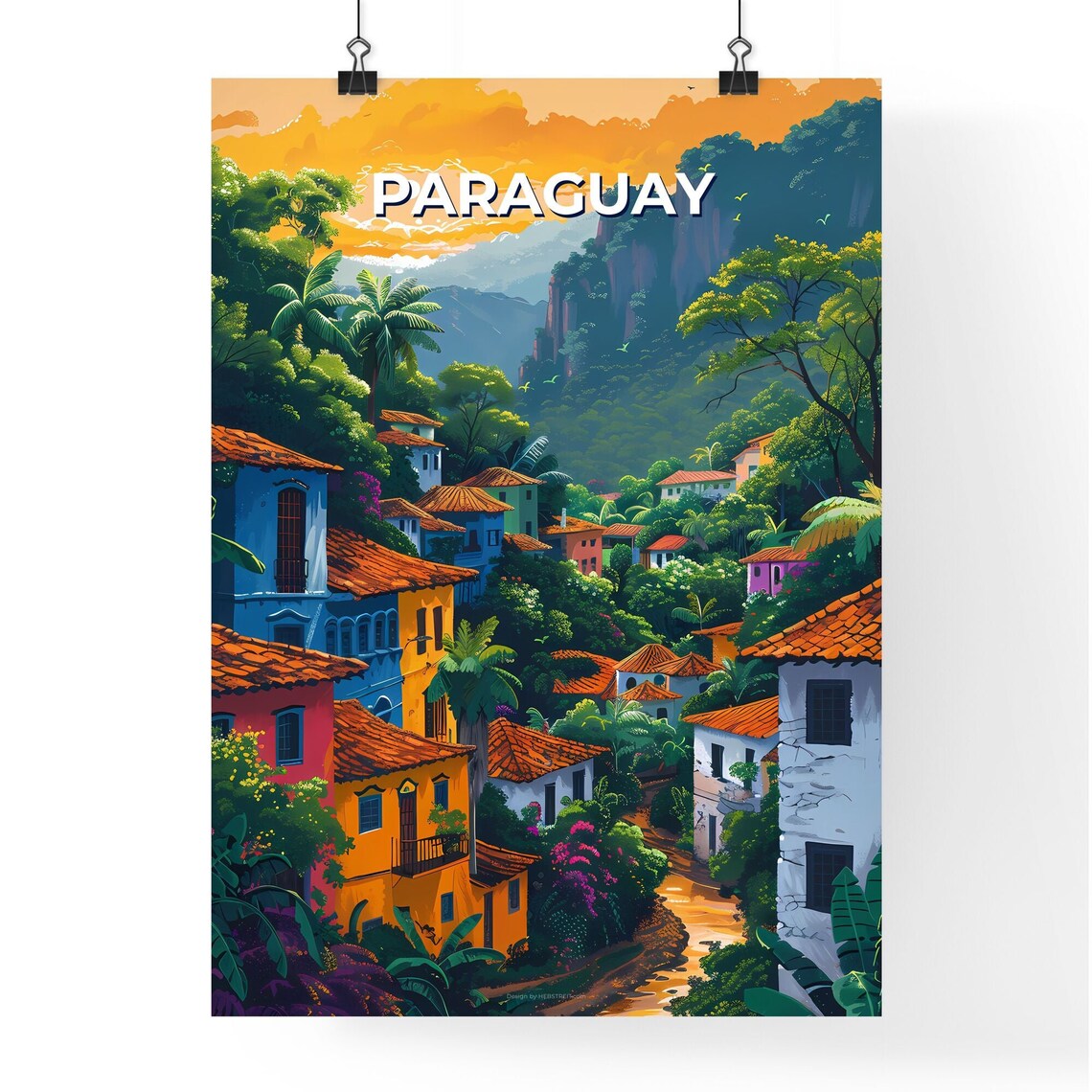Paraguay Colorful Hillside Village Terracotta Roofs Travel Poster - Image 4