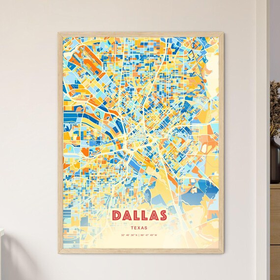 Dallas Texas Colorful City Map Art Poster Blue And Orange Street Grid Design