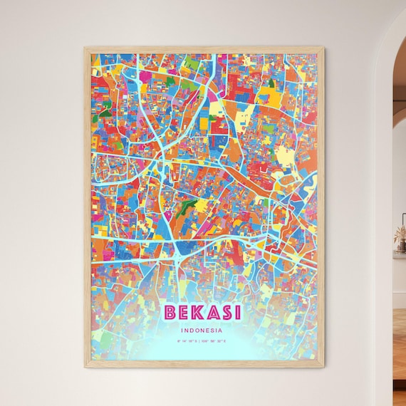 Bekasi Indonesia Vibrant Crazy Colorful Mosaic City Map Poster