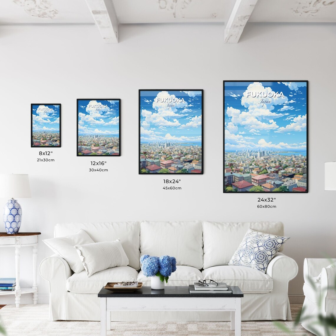 Fukuoka Japan City Panorama Bay Clouds Rooftop Travel Poster - Image 3