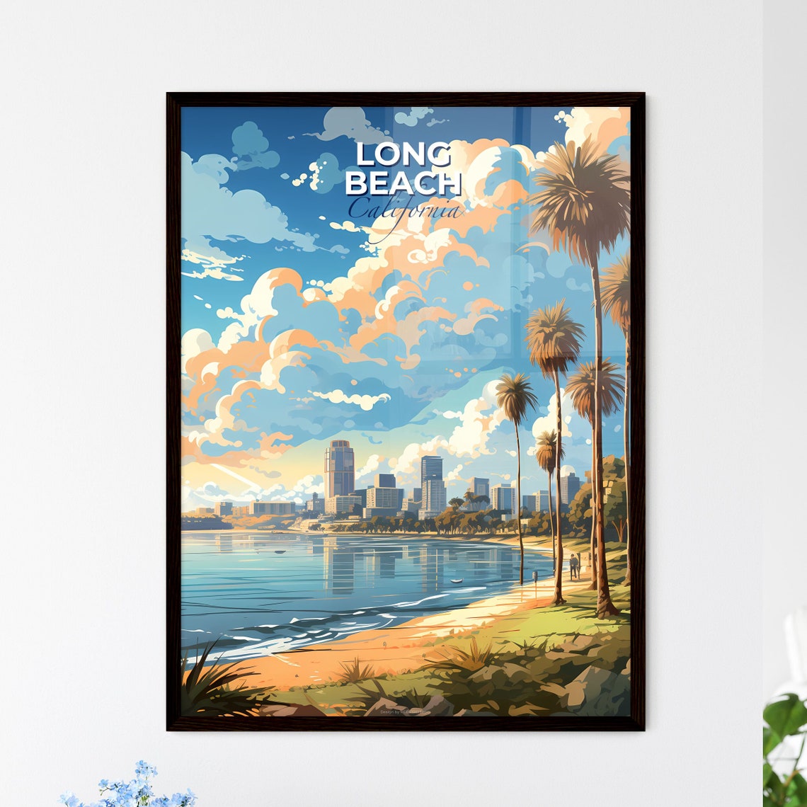 Long Beach California Travel Poster Palm Trees Beach City Skyline Art