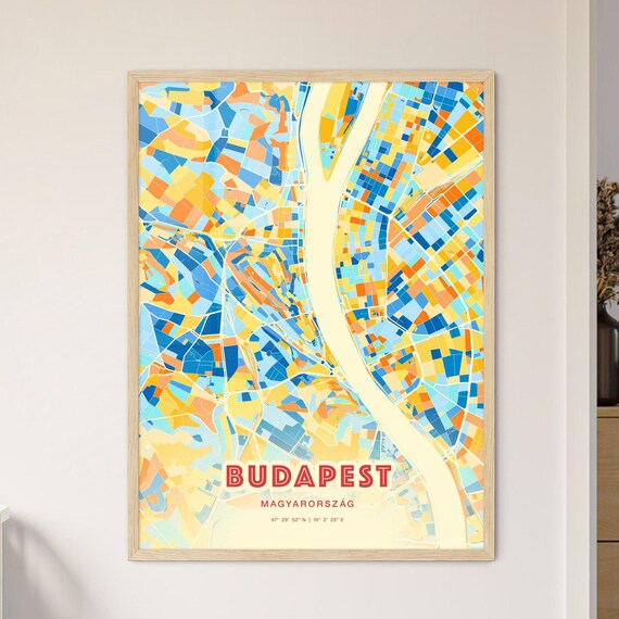 Budapest Hungary Vibrant Blue Orange City Map Art Poster River View
