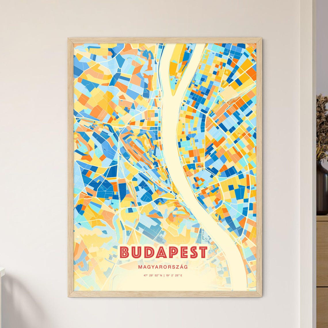 Budapest Hungary Vibrant Blue Orange City Map Art Poster River View