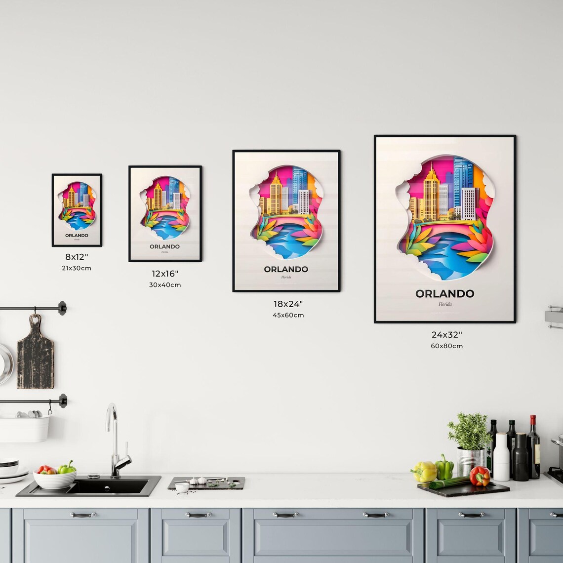 Orlando Florida Skyline Lake Sunset Colorful Paper Cut Art Poster - Image 3